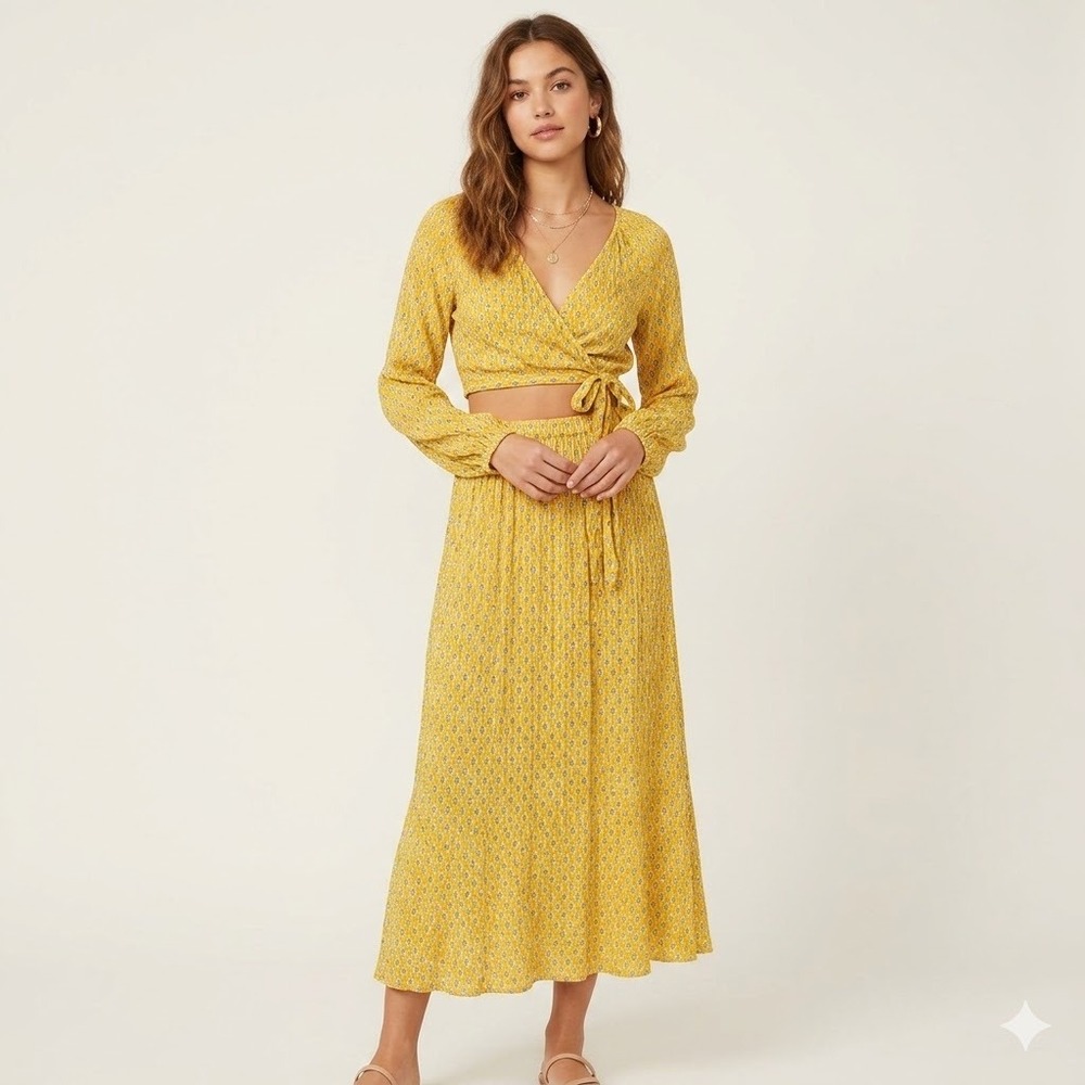 Rhode Crop Top Maxi Skirt Set Womens Medium Yellow Floral Cottagecore Boho